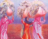 Women carrying hay, a rural scene portrayed by Mahesh.