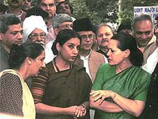 Congress President and Opposition Leader Sonia Gandhi, former Prime Minister V. P. Singh and actress-turned-MP Shabana Azmi