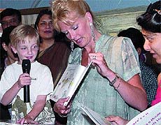 Jacqueline Lundquist, wife of the former American Ambassador to India, and her son Samuel Celeste, the co-authors of the book Theres a Mouse in Roosevelt House. 