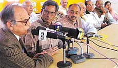 Jagmohan, Lal Bihari Tiwari, Vijay Goel, Madan Lal Khurana during a Press conference on Saturday.