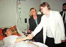 US Assistant Secretary of State Christina Rocca along with US Ambassador to Pakistan Wendy Chamberlin shakes hand with British national Kate Mitchel