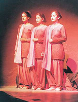 Shalini, Ritu and Rakhi present the title song of Dr Atmajits play Main taan ek sarangi haan presented at Tagore Theatre on Wednesday.