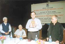 Union Minister Arun Jaitley, releasing the book on Minorities and Human Rights, written by Justice Ranganath Misra, former Chief Justice of India, at the Hindu College in the Capital.
