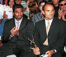 Sri Lankan off-spinner Mutthiah Muralitharan and Sri Lankan opening batsman Marven Attapattu