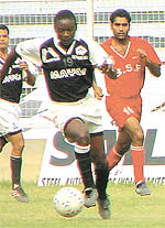 Indian Nationals (black & white) and BSF, Jalandhar (red) in the Second Division National Football League at the Ambedkar Stadium in the Capital on Tuesday.