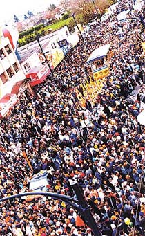 On the eve of Vaisakhi the Sikh devotees marching through Punjabi Market in Vancouver city of Canada