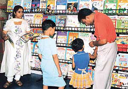 Students at a book exhibition organised on the DAV Public School campus in Sector 8, Chandigarh.