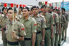 Activists from the National Cadets Corp take part in a peace march