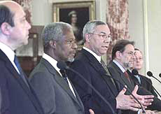US Secretary of State Colin Powell speaks during a news conference