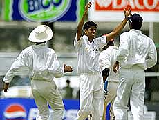 India's bowler Ashish Nehra celebrates after dismissing West Indies batsman Brian Lara