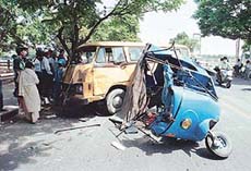 This is what remains of an autorickshaw which was hit by a school van in Phase IX of SAS Nagar on Friday.