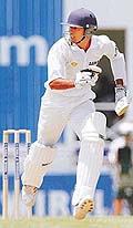 Wasim Jaffer watches the ball while taking a run during the fourth Test against the West Indies on Friday.