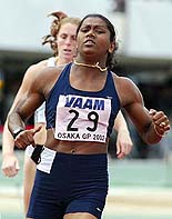 Susanthika Jayasinghe of Sri Lanka crosses the finish line to win the womens 100 metres final at the IAAF Japan Grand Prix in Osaka, western Japan, on Saturday.