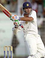 Saurav Ganguly hits a shot during the first day of the fourth Test match against the West Indies at the Antigua Recreation Ground in St John, Antigua on Friday.