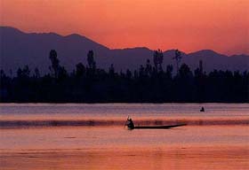 A Kashmiri man rows his boat on Dal Lake
