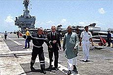 Defence Minister George Fernandes visiting French nuclear powered aircraft carrier 
