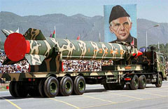 An army vehicle carries the surface-to-surface Ghauri missile