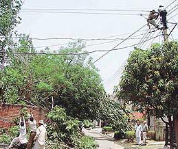 Powermen repair electricity cables in Sector 40 of Chandigarh after Saturday evenings thunderstorm in the city. 