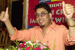 Bimal Kumar Gajmer celebrates after winning India's first-ever online lottery