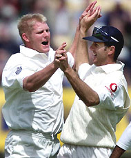 England bowler Matthew Hoggard celebrates with team-mate