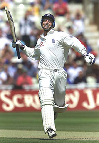 England's Graham Thorpe celebrates his century 