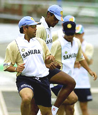 India's Sachin Tendulkar trains with his team