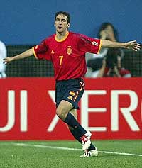 Spains Raul celebrates after his second goal 