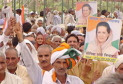 Haryana Congress workers during the Chautala Hatao, Haryana Bachao rally in support of the Haryana farmers agitation at Ramlila Ground in the Capital on Friday.