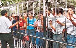 Students of the Department of English, Panjab University, protest outside the VCs office in Chandigarh on Monday.
