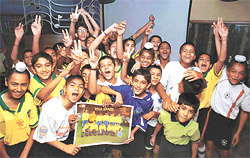 REACHING A CRESCENDO: Soccer players of St. Stephens Football Academy in a jubilant mood after Brazils victory over Turkey, at Classic Hotel in Chandigarh on Wednesday. 