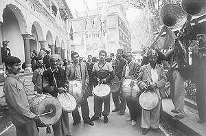 A troop of vajantris at the International Shivratri Fair in Mandi.