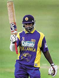 Sri Lanka's skipper Sanath Jayasuriya acknowledges his century