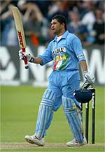 Sachin Tendulkar celebrates his century against Sri Lanka during their Natwest Triangular Series match in Bristol.