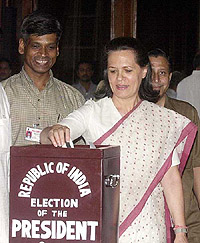 Congress President Sonia Gandhi casts her vote.