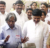 NDA presidential candidate Dr A. P. J. Abdul Kalam with Union Parliamentary Affairs Minister Pramod Mahajan at Parliament House in New Delhi on Monday during the election.