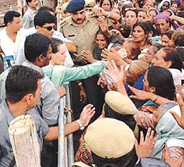 Congress President Sonia Gandhi meets relatives of the Qasim Nagar massacre victims in Jammu 