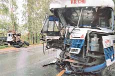 Mangled remains of a Haryana Roadways bus