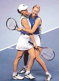 Australias Alicia Molik (R) and doubles partner Rennae Stubbs celebrate their win over the Netherlands Kristie Boogert and Miriam Oremans 