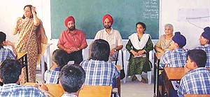Dr Ramneek Sharma speaks during an AIDS awareness camp held at St Peters School, Sector 37, Chandigarh
