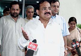 BJP President M. Venkaiah Naidu, General Secretary Mukhtar Abbas Naqvi, spokesman Arun Jaitley and Member of Parliament Anita Arya
