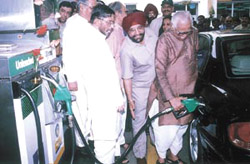 Union Minister of Petroleum and Natural Gas Ram Naik launching Speed petrol of BPCL at Gymkhana Service Station in the Capital on Wednesday.