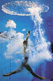 Australian diver Irina Lashko rises to the top of the pool after her dive in the womens one metre springboard preliminaries