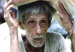 Somnath Chakravarty, 70, takes shade under a plastic bag