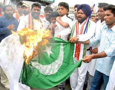 All-India Anti-Terrorist Front activists burn a Pakistan national flag