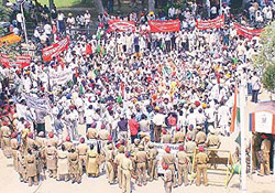 Members of various employees unions protest in support of employees
