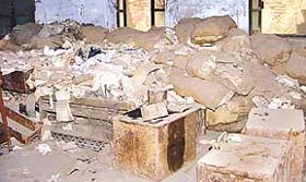 A view of the store room of the Weights and Measures Department where important papers have been dumped in gunny sacks