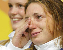 England's Karen Legg wipes away tears