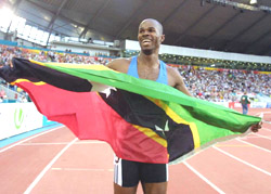 Kim Collins of St Kitts and Nevis, the gold medal winner