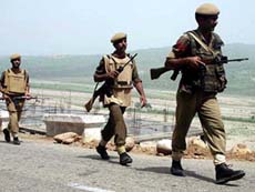 Jawans of paramilitary forces patrol the outskirts of Jammu