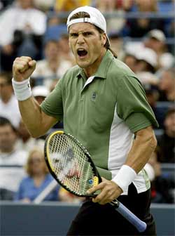 Tommy Haas celebrates his win over Karol Kucera